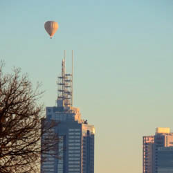 Hot air balloon over the city